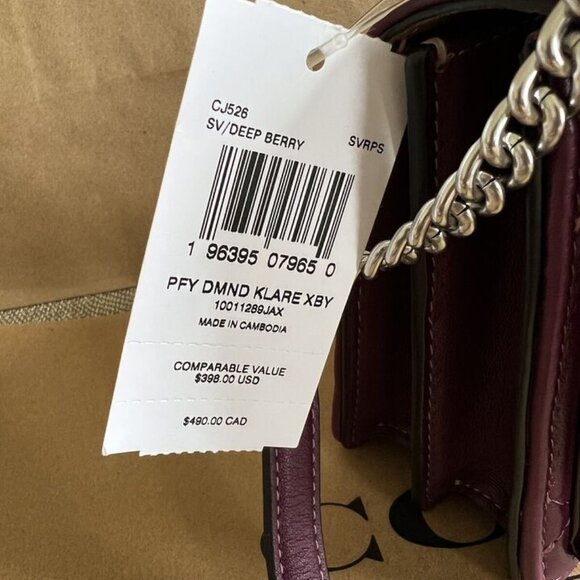 Coach CJ526 Mini Klare Puffy Diamond Quilt Crossbody Deep Berry Handbag Leather - Picture 7 of 8